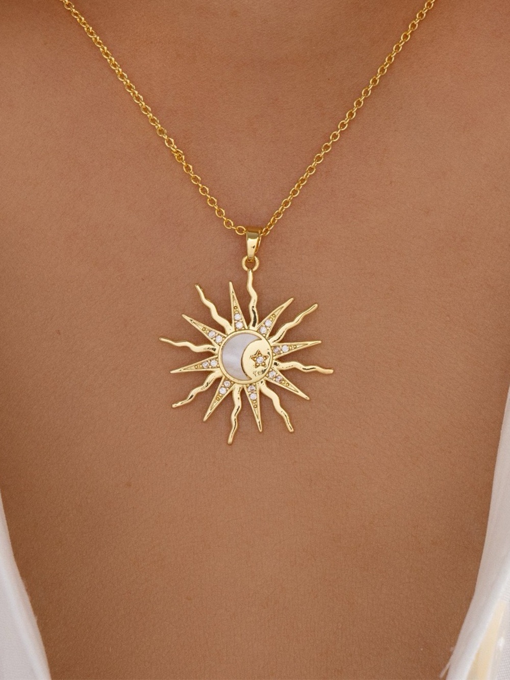 Gold Sun & Moon Pendant Necklace with White Enamel Accent